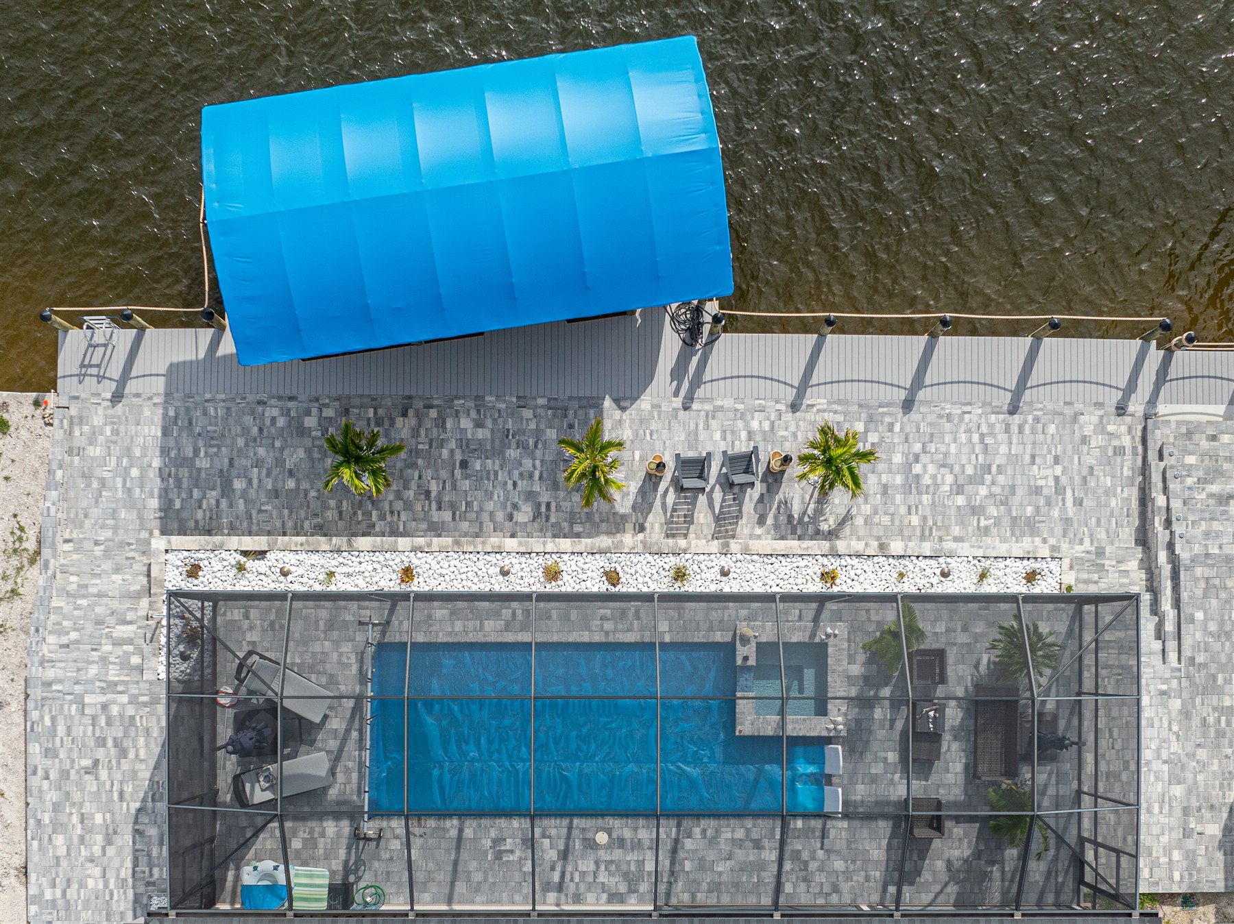 Overhead aerial view of a completed Captain’s Walk connecting the pool area to the waterfront dock